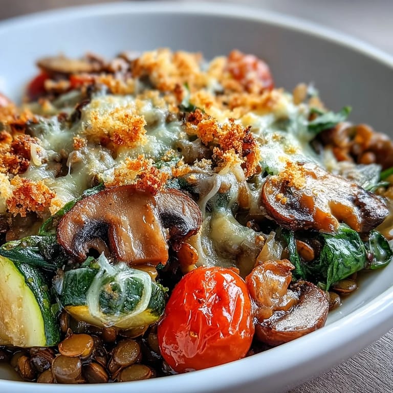 A vibrant serving of Green Lentil and Vegetable Casserole scooped onto a plate with a fresh side salad.