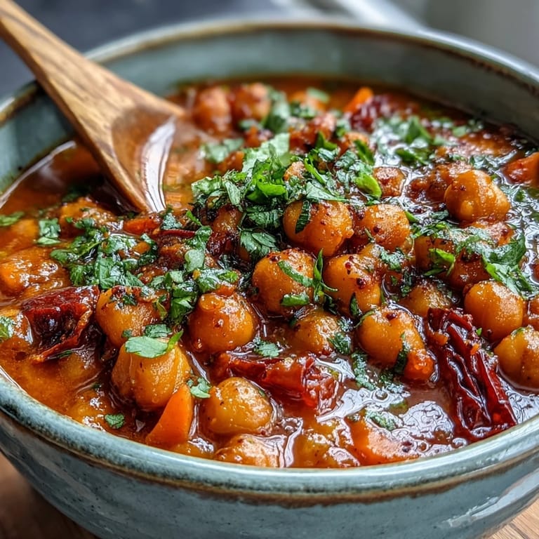 A hearty bowl of Spicy Chickpea Stew garnished with fresh cilantro and a lemon wedge, served beside crusty artisan bread for dipping.