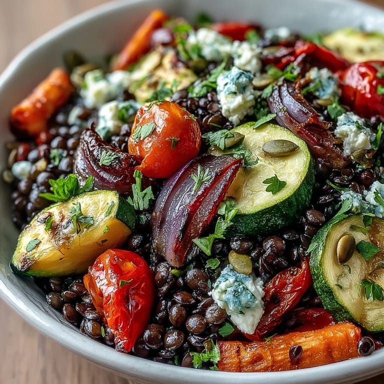 Vibrant Mediterranean Black Lentil Salad with roasted red bell peppers, zucchini, and carrots in a rustic ceramic serving bowl.