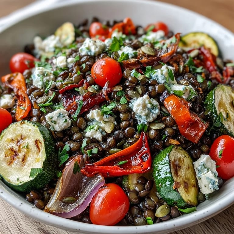 Healthy Black Lentil Salad served as a main course, topped with feta and pumpkin seeds alongside a glass of white wine.