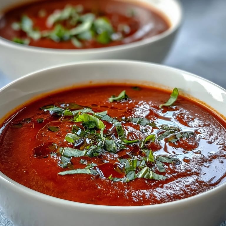 Vibrant red Tomato and Basil Soup in a clear glass mug, garnished with fresh basil and served beside grilled cheese for a comforting lunch.