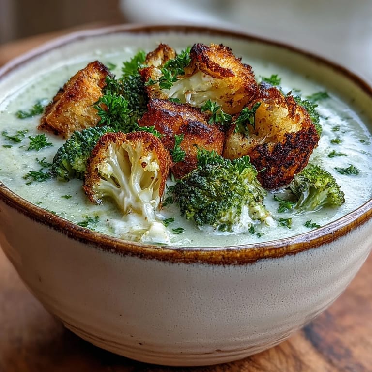 Vegetarian Cauliflower and Broccoli Soup blended smooth, garnished with fresh parsley and croutons, ready to serve hot.