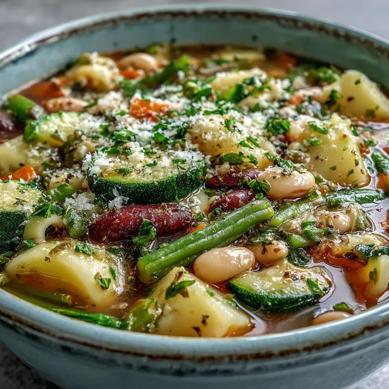 Colorful Minestrone Vegetable Soup simmering in a pot with visible beans, pasta, and fresh spinach.