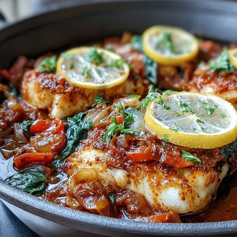Ladle of rich tomato and spice sauce over golden Spiced Cod One Pot, with lemon slices and fresh cilantro garnish.