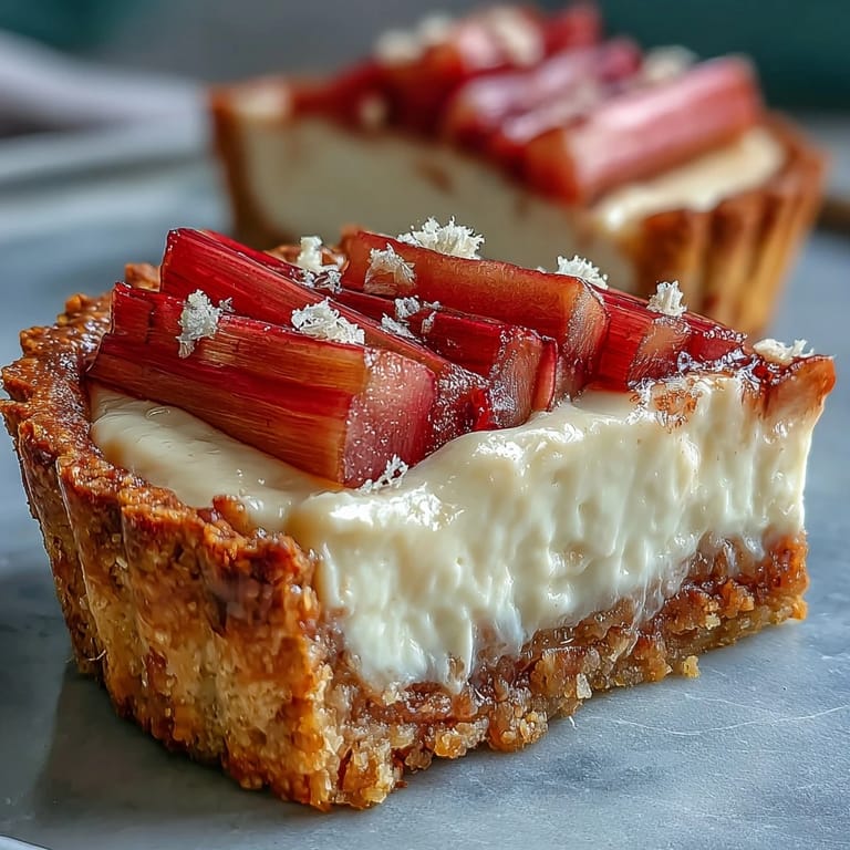 A close-up shows a perfect slice of rhubarb, white chocolate, and elderflower tart being lifted from the pan.