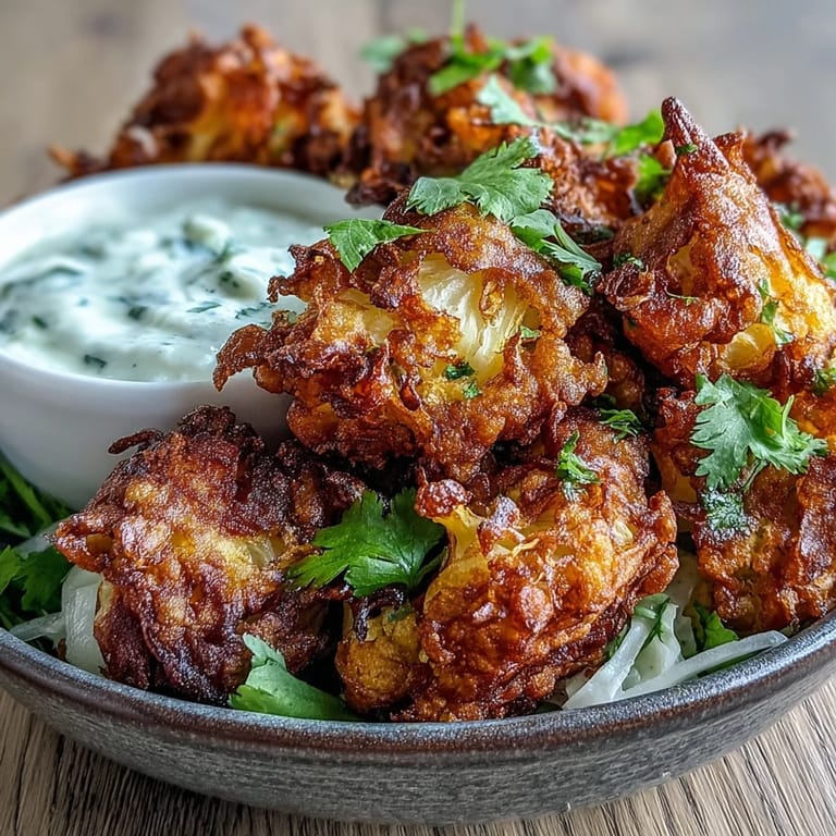 Freshly fried Cauliflower Bhajis with a crunchy texture paired beside a creamy yogurt dip.