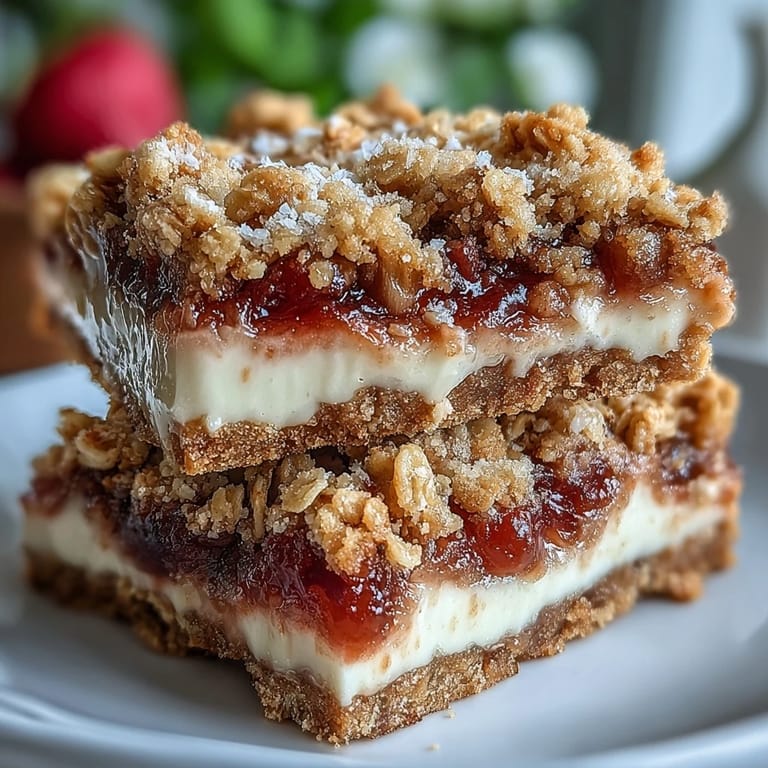 Hand holding a Rhubarb and Custard Crumble Bar, dusted with powdered sugar, served alongside a cup of hot tea.