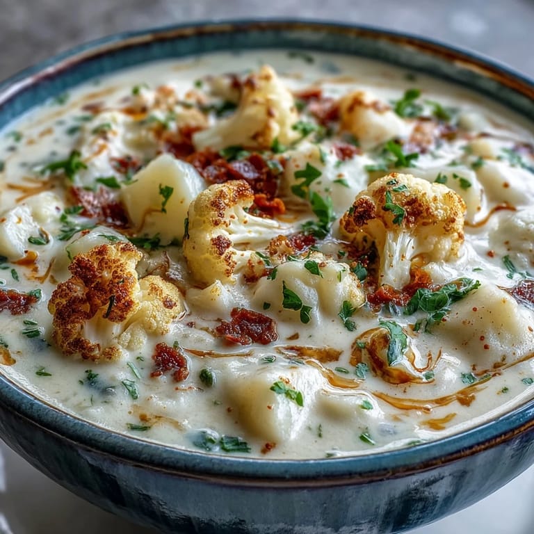 Chunky vegetarian cauliflower chowder served hot in a rustic bowl with a side of crusty bread.