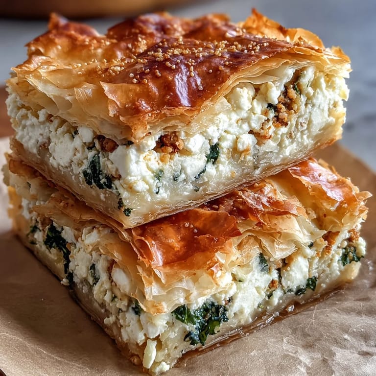 A vegetarian Turkish-inspired Feta and Kale Börek sliced to show its creamy filling.