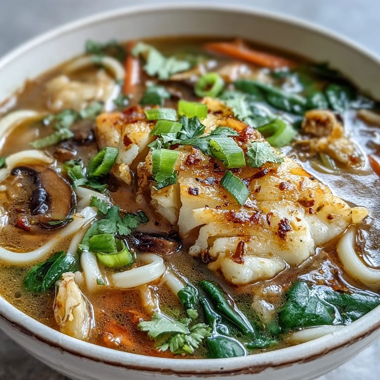 Vibrant bowls of Poached Cod With Spiced Coconut Broth and Udon Noodles garnished with green onions and cilantro.