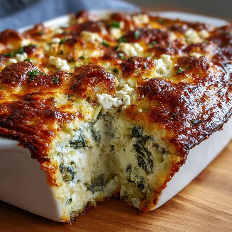 High Protein Spinach Artichoke Bake served warm in squares on a white plate with salad.