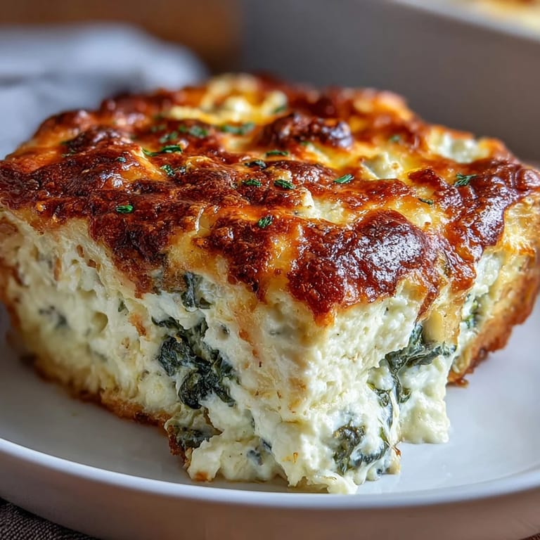 Spoon lifting a creamy slice of High Protein Spinach Artichoke Bake showing spinach and artichoke pieces.