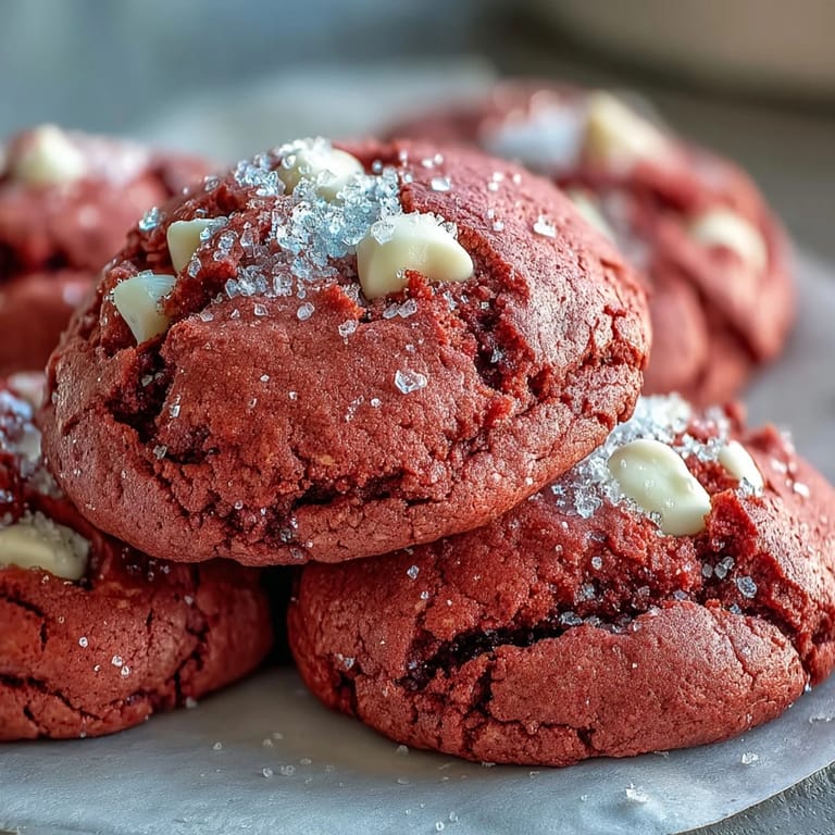 Vibrant Pink Velvet Cookies with creamy white chocolate chips on a festive plate ready to serve.