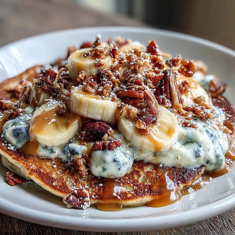 Close-up of a hearty Protein Pancake Bowl layered with nut butter, granola, and vibrant berries for a satisfying breakfast.