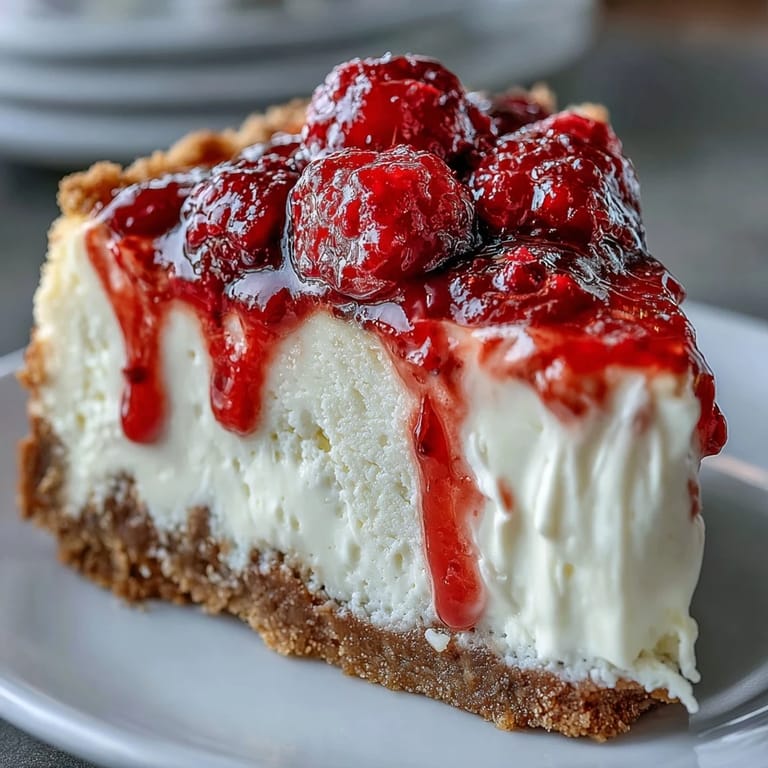 Topped with fresh raspberries and a glossy sauce drizzle, this white chocolate raspberry cheesecake sits ready to serve on a dessert plate.
