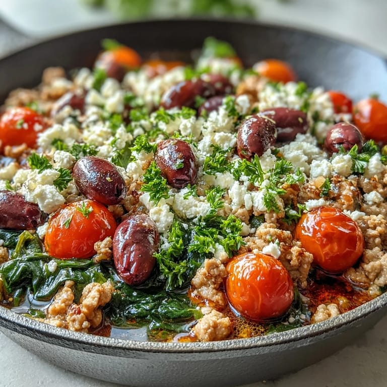 Crumbled feta and halved Kalamata olives top the savory ground chicken in this low-carb dinner.