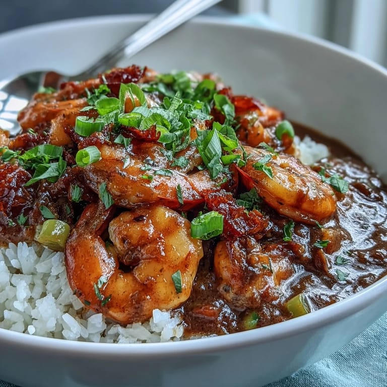 Tender shrimp coated in a spicy, dark roux sauce for Classic New Orleans Étouffée over fluffy rice with parsley.
