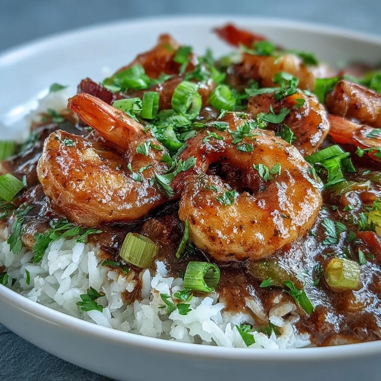 A close-up of Classic New Orleans Étouffée featuring succulent shrimp in a dark roux, garnished with green onions and parsley.