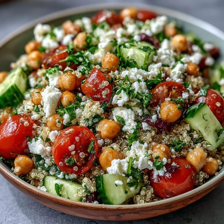 Served High Protein Quinoa & Chickpea Salad in a white bowl, garnished with herbs, ready for a healthy Mediterranean-inspired lunch.