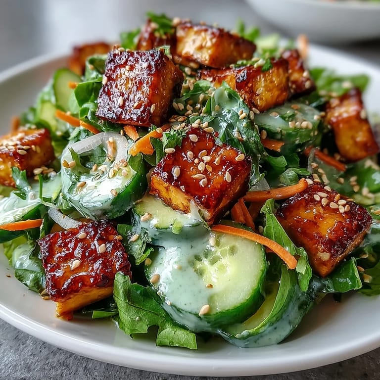 Overhead view of Creamy Asian Cucumber Salad with Crispy Tofu, highlighting crunchy cucumbers, green onions, and toasted sesame seeds on a white plate.