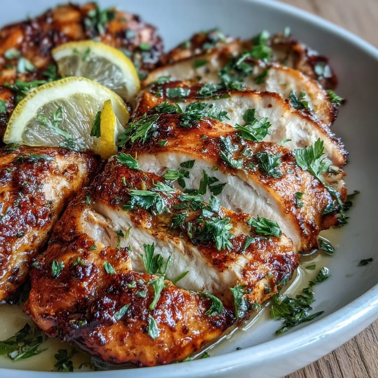 Perfectly juicy oven baked chicken breast sliced on a white plate, ready to serve alongside roasted broccoli for a healthy weeknight dinner.