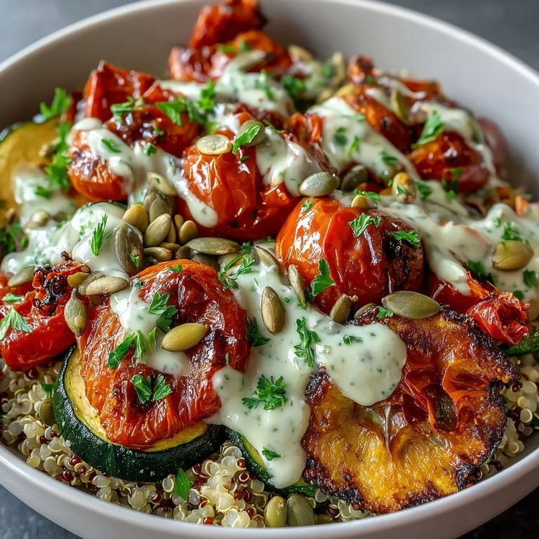 Colorful roasted Vegetable and Legume Bowl garnished with pumpkin seeds, fresh parsley, and a drizzle of creamy tahini dressing.