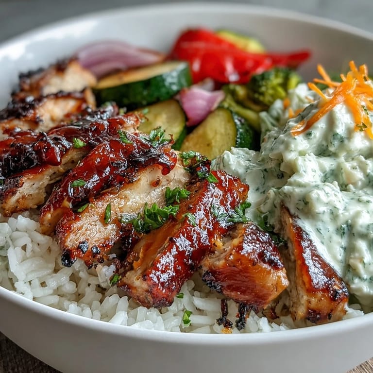 Savory BBQ Chicken Bowl served with golden rice, crunchy coleslaw, and colorful roasted veggies, ready for a family-style dinner.