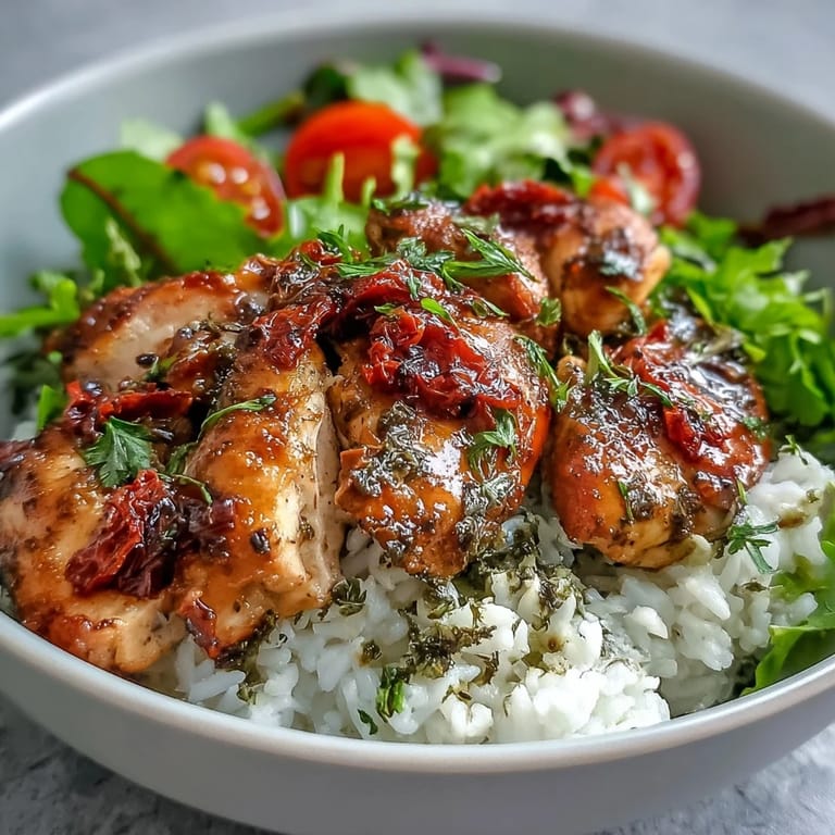 Vibrant serving bowl of Sun-Dried Tomato Chicken Bowl, gluten-free main dish with sliced chicken, fresh greens, cherry tomatoes, and pine nuts over warm rice.