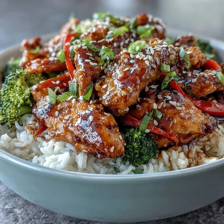 Freshly steamed vegetables and sesame-topped Honey Garlic Chicken nestled over steaming white rice.