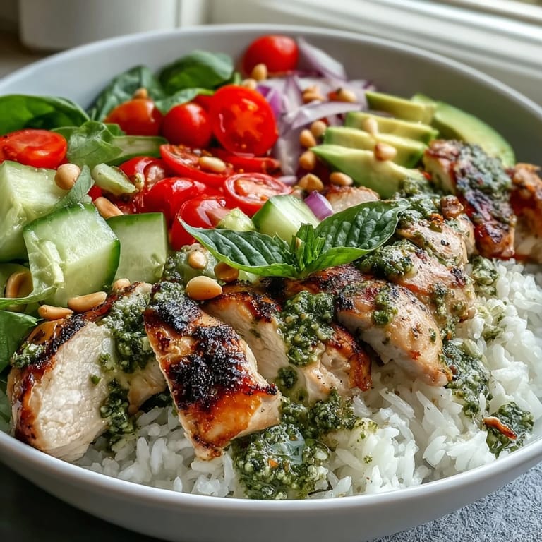Fresh basil garnishes a colorful pesto chicken bowl filled with tender meat, spinach, and crunchy pine nuts.