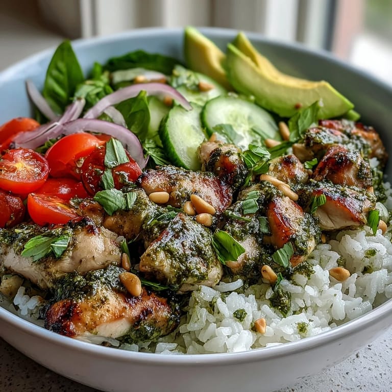 An overhead view of a nourishing pesto chicken bowl with marinated poultry, mixed vegetables, and jasmine rice.