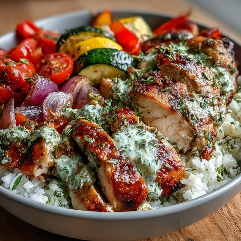 Vibrant Lemon Herb Roasted Chicken Bowl ready to eat, showcasing tender chicken, mixed roasted veggies, and steaming rice on a rustic plate.