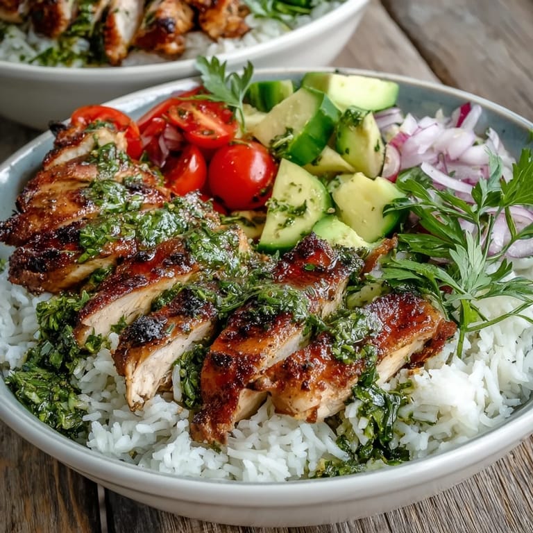 Fresh parsley and cilantro garnish a hearty, gluten-free chimichurri chicken bowl dinner.