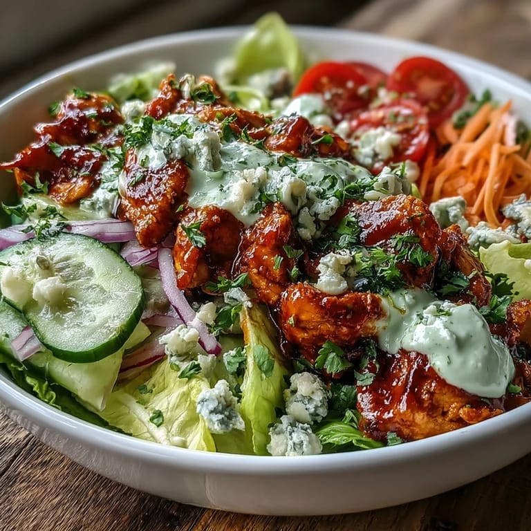 A colorful Buffalo Chicken Bowl featuring warm rice, crunchy vegetables, and tangy blue cheese crumbles on top.
