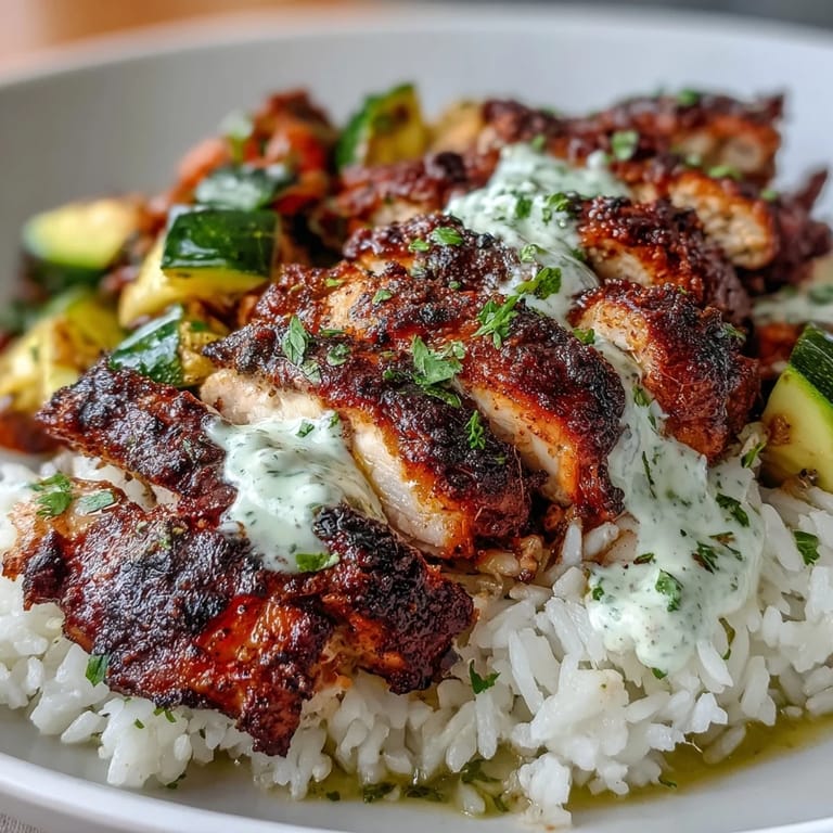 A spoonful of creamy lime crema is being drizzled over the vibrant Blackened Chicken Bowl, garnished with fresh cilantro.
