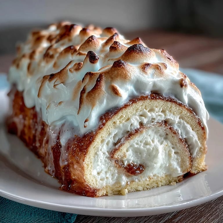 Tall, fluffy meringue swirled over a rolled Homemade Brazo Gitano, ready to be torched for a golden, toasted finish.