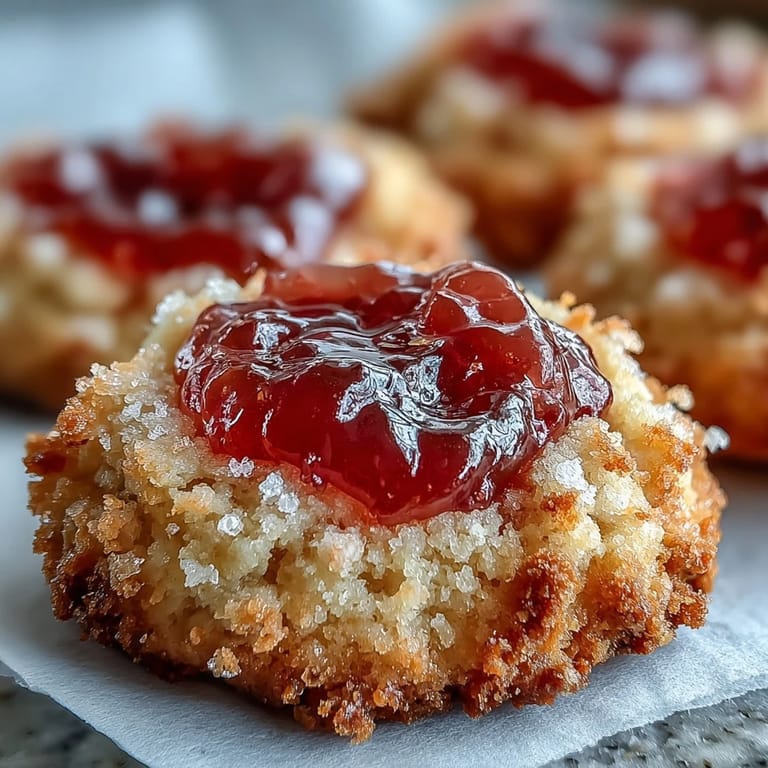 Close-up of a Guava Jam Thumbprint Cookie broken in half, showing the buttery texture and vibrant sweet guava filling.
