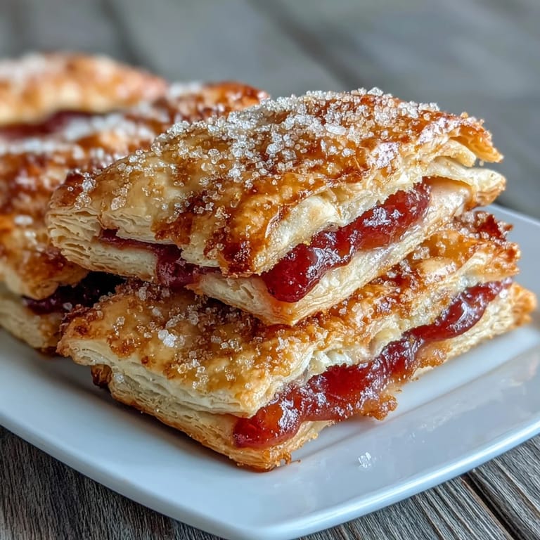 A close-up of Guava and Cream Cheese Pastelitos showing the pink guava and creamy cheese peeking from the flaky pastry.