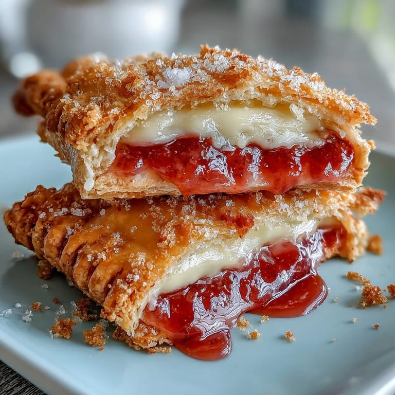 Freshly baked Guava Cheese Pop Tarts on a cooling rack, revealing a creamy cheese and sweet-tart guava center when broken open.