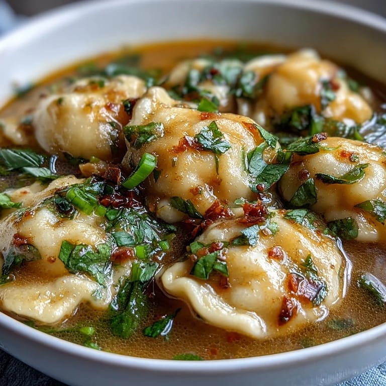 An overhead view of Quick Coconut Curry Soup with Dumplings served with chili oil, scallions, and cilantro in a cozy, inviting bowl.