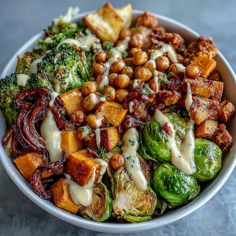 Colorful vegan meal prep bowl featuring caramelized Brussels sprouts and chickpeas topped with sweet and tangy dressing.