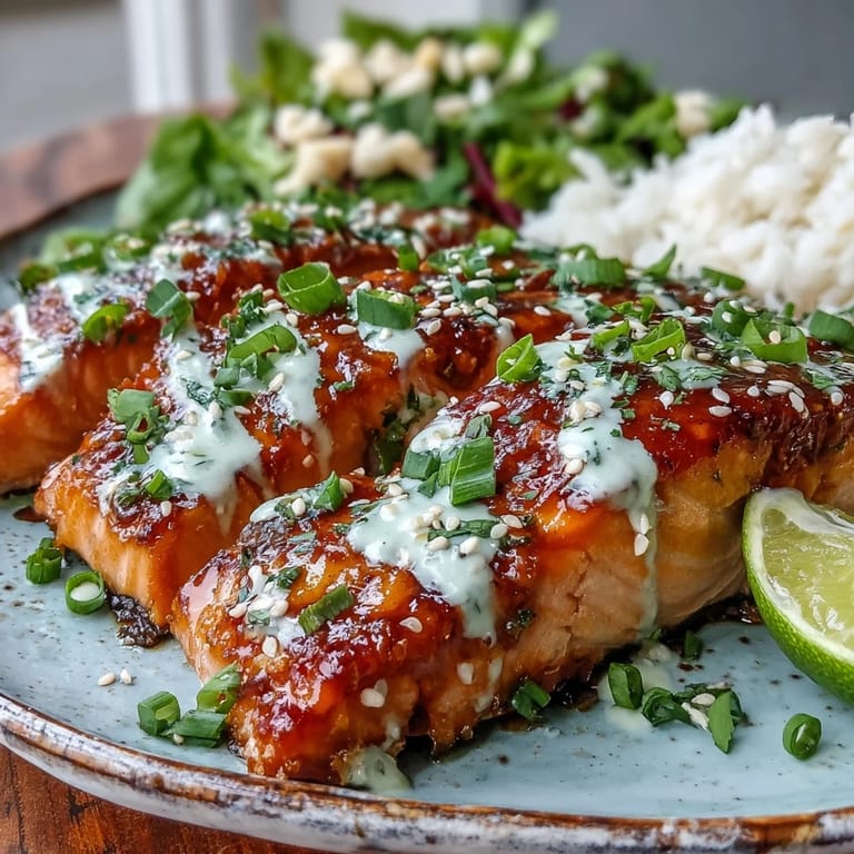 Sizzling pan-seared Bang Bang Salmon with a perfectly crispy edge, garnished with fresh green onions and sesame seeds.
