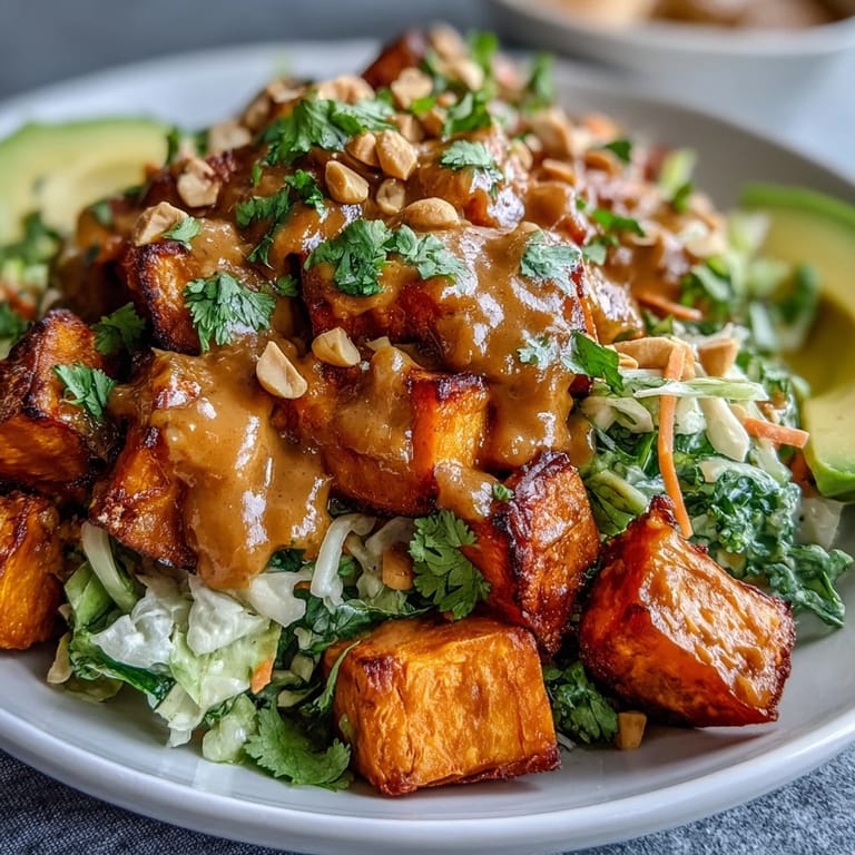 Colorful Thai Peanut Sweet Potato Buddha Bowl with avocado slices, shredded cabbage, and chopped peanuts on a rustic table.