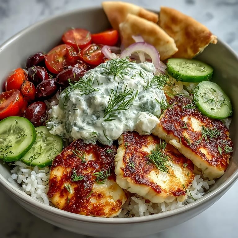 A close-up view of a Greek Halloumi Power Bowl, highlighting golden-brown cheese slices, Kalamata olives, and fresh dill garnish.