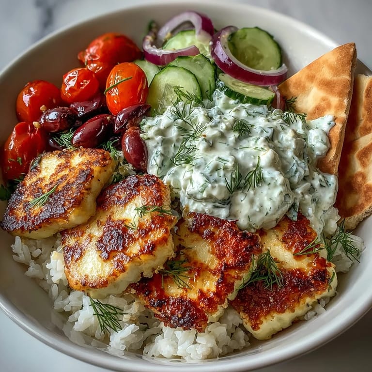 A vibrant Greek Halloumi Power Bowl featuring juicy seared cheese, crisp cucumber, tomatoes, and a dollop of cool tzatziki sauce.