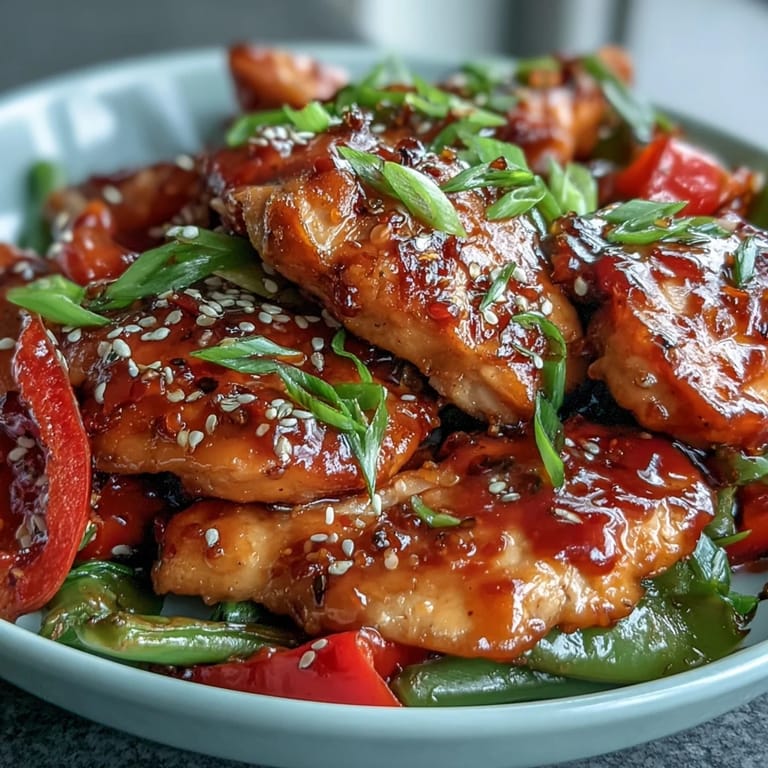 A close-up of golden-brown Spicy Sweet Chicken Diablo tossed with crisp vegetables and sesame seeds on a rustic plate.