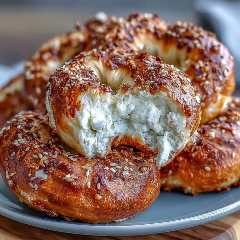 Warm Greek Yogurt Bagels brushed with egg wash, sprinkled with sesame seeds, ready for breakfast on a ceramic plate.