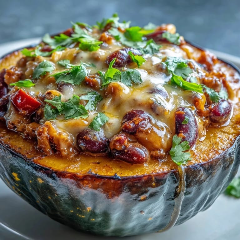 A close-up view of tender acorn squash filled with hearty chili mac, featuring kidney beans, black beans, and melty cheddar cheese for a comforting American-inspired meal.