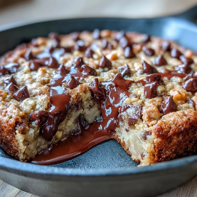 Freshly baked Chunky Monkey Oatmeal Cookie Skillet with rich chocolate chunks and walnuts, ready to enjoy with spoons nearby.