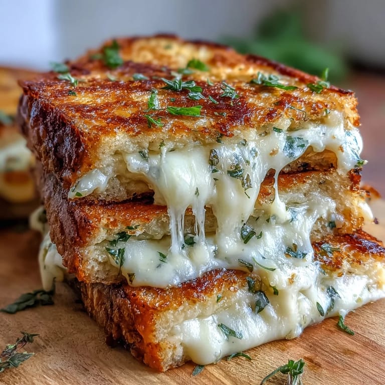 A close-up of a vegetarian fusion naan grilled cheese, featuring golden toasted bread, melted cheese, and fresh parsley and chives.